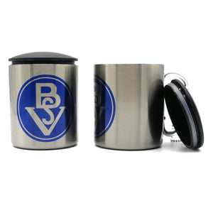 BSV-Edelstahlbecher mit großem Logo, Deckel und Karabinerhaken