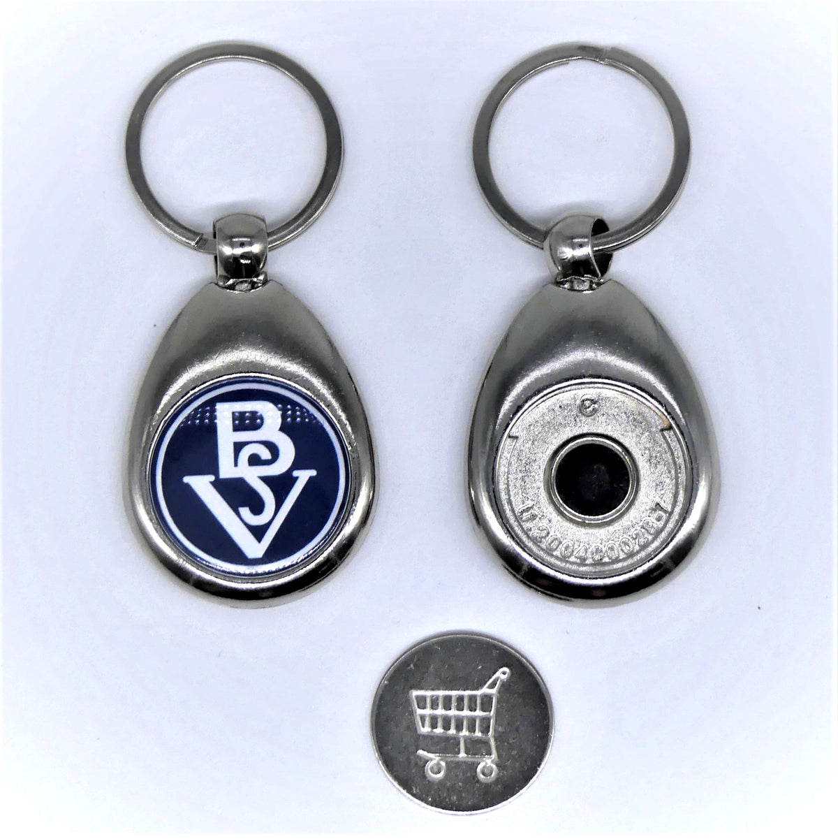 Metall-Schlüsselanhänger mit Einkaufswagenchip und BSV-Logo